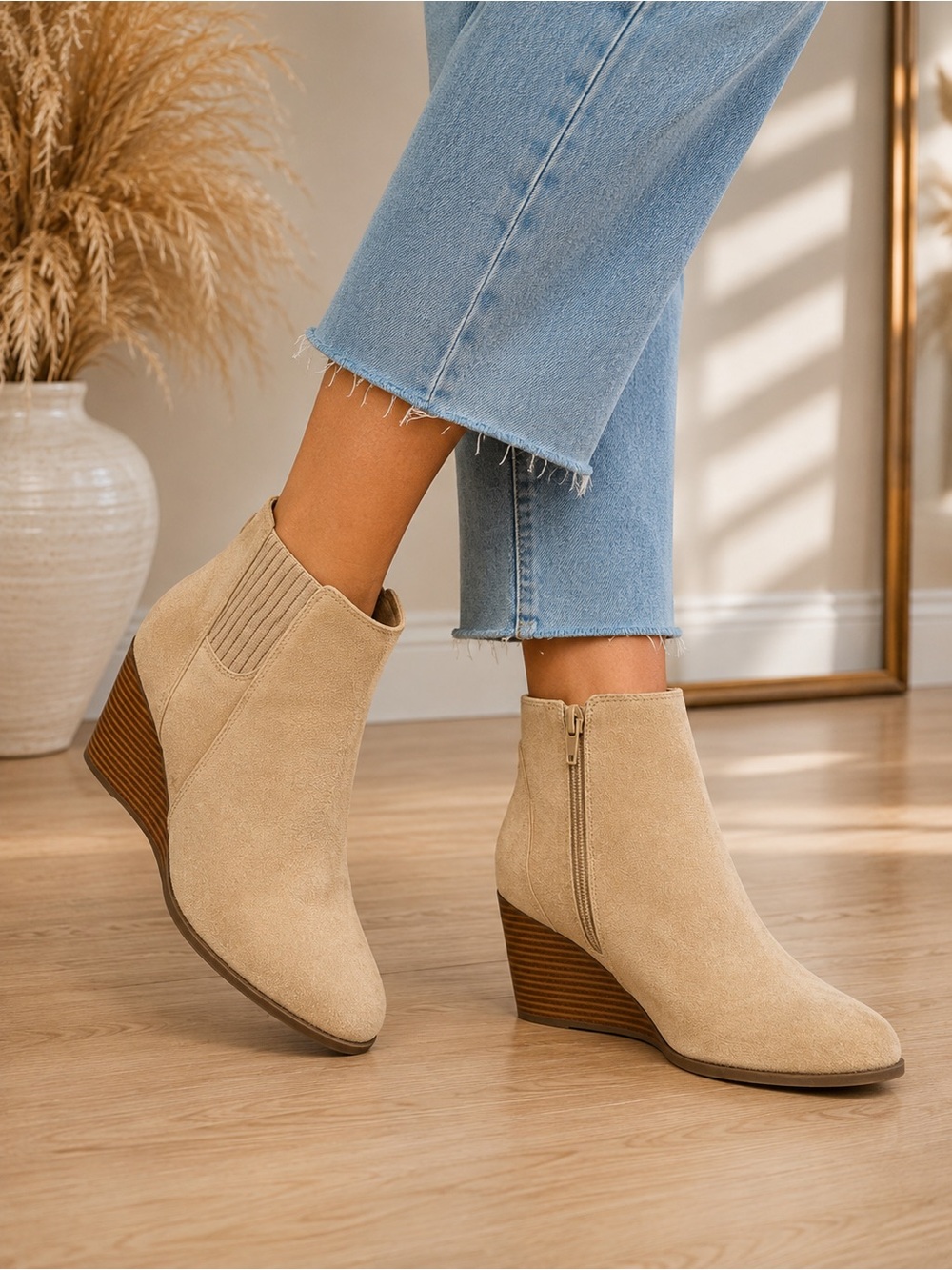 Suede Wedge Ankle Boots in Beige - Women's Fashion Boot